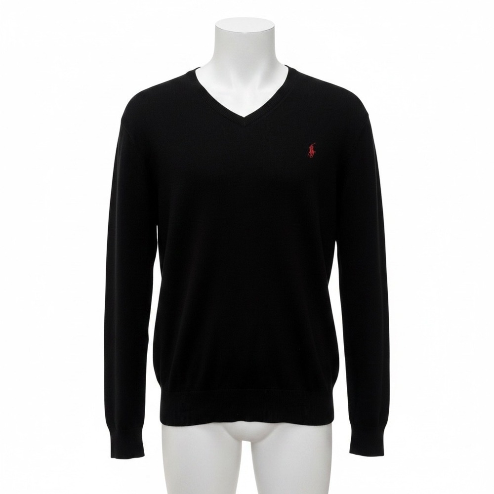 Polo‎ Ralph Lauren Sweater XL Black Pima Cotton V-Neck Red Pony Pullover Preppy